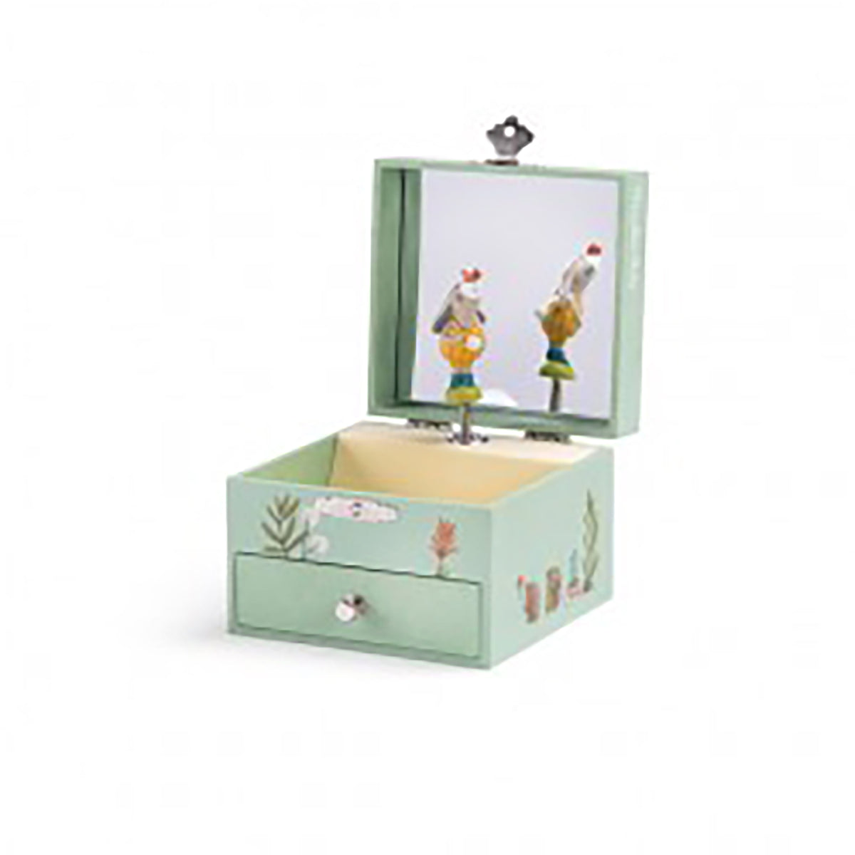 Mint green musical jewellery box from The Three Little Rabbits collection, open to reveal two rabbit figurines inside the mirror lid and a small storage draw