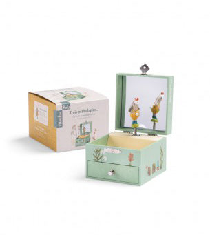 Open mint green musical jewellery box with rabbit figurines displayed beside its original Three Little Rabbits collection packaging.