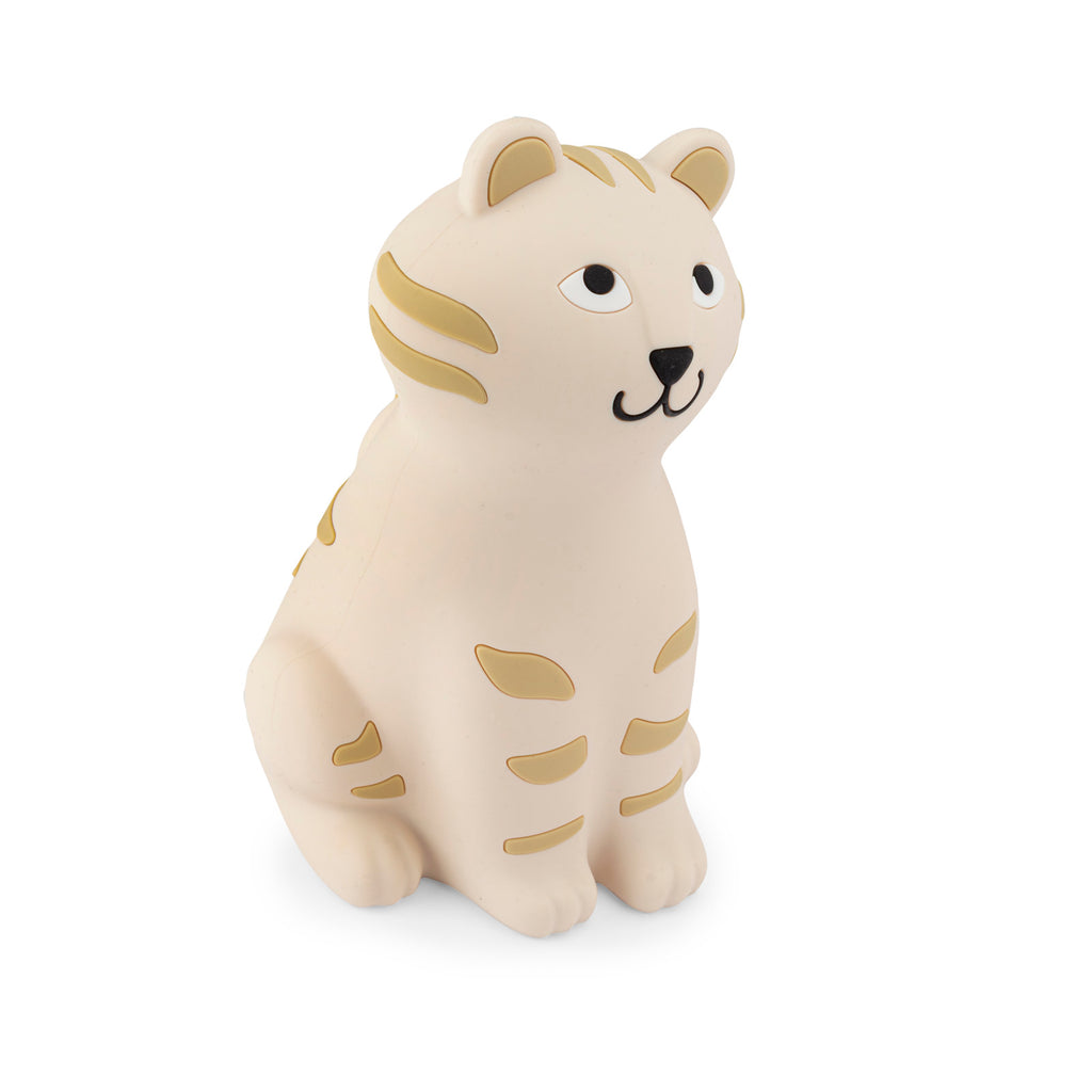 Moulin Roty La Forêt Mawa tiger night light in cream with golden-yellow stripes, rounded ears and a friendly face.