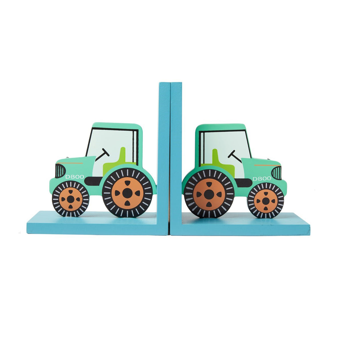 Green MDF tractor-shaped bookends with matching tractor designs on blue bases, displayed on a white background