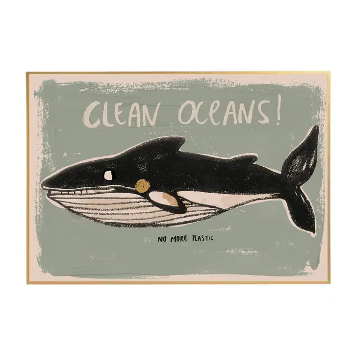 Illustrated whale poster with the message “Clean Oceans! No More Plastic” on a muted sage green background.
