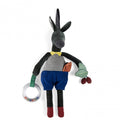 Moulin Roty Woody Apple activity donkey soft toy wearing blue trousers and a checked shirt, holding a beaded sensory ring and fabric cherries with textured ears and colourful details.