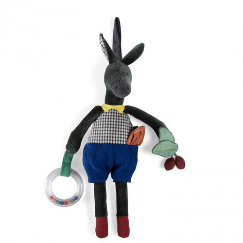 Moulin Roty Woody Apple activity donkey soft toy wearing blue trousers and a checked shirt, holding a beaded sensory ring and fabric cherries with textured ears and colourful details.